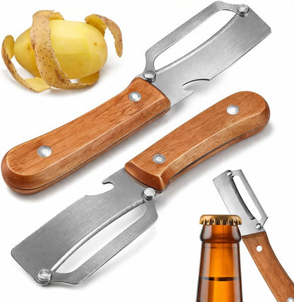 2026 Upgrade Vegetable Peeler With Wooden Handle, Stainless Steel Wide Blade Potato and Carrot Peeler, 3-in-1 Veggie Peeler With Scallion Shredder and Bottle Opener for Kitchen, Camping and Travel