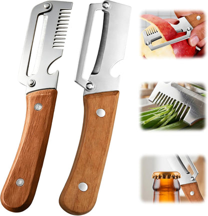 2026 Upgrade Vegetable Peeler With Wooden Handle, Stainless Steel Wide Blade Potato and Carrot Peeler, 3-in-1 Veggie Peeler With Scallion Shredder and Bottle Opener for Kitchen, Camping and Travel