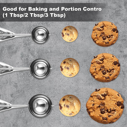 Cookie Scoop,Set of 3 Cookie Dough Scoops for Baking 1 Tbsp,2 Tbsp,3 Tbsp,Stainless Steel Ice Cream Scooper with Trigger Release for Cupcake,Ice Cream,Muffin,Meatball,Melonball