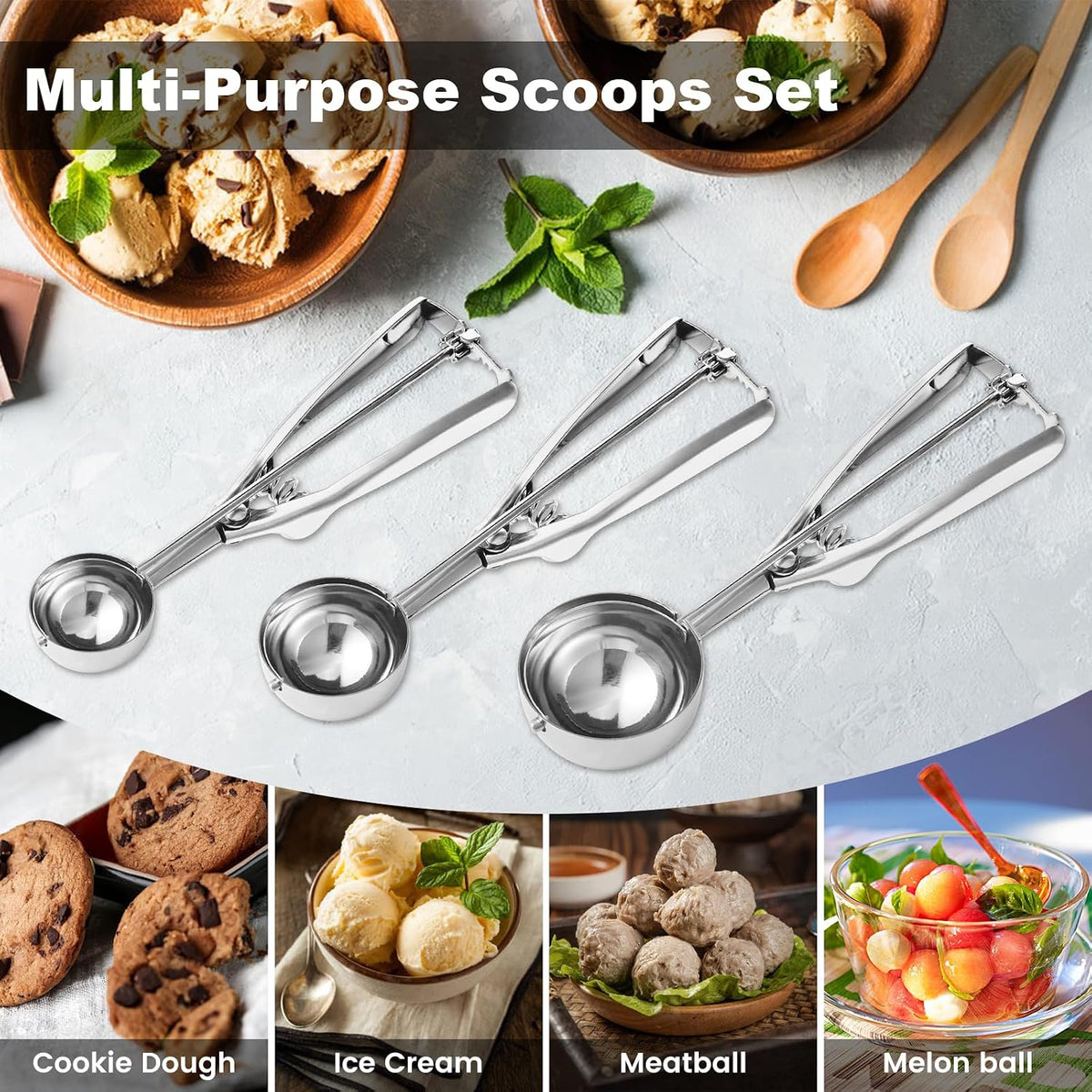 Cookie Scoop,Set of 3 Cookie Dough Scoops for Baking 1 Tbsp,2 Tbsp,3 Tbsp,Stainless Steel Ice Cream Scooper with Trigger Release for Cupcake,Ice Cream,Muffin,Meatball,Melonball