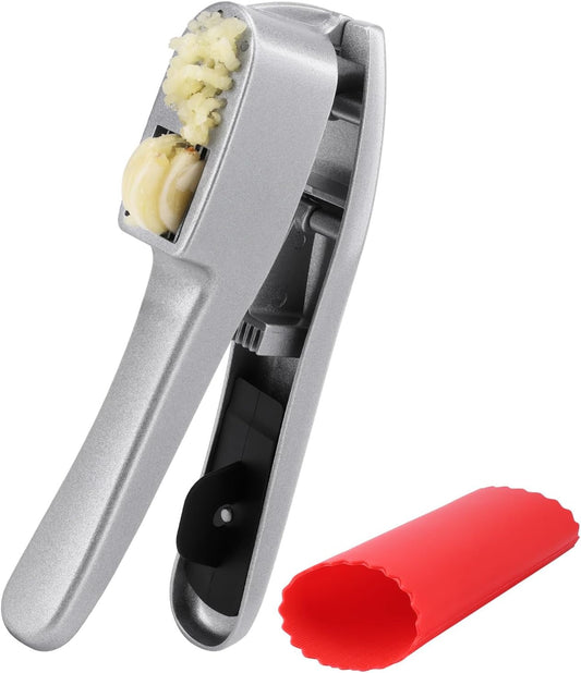 2 in 1 Garlic Press and Slicer with Built-In Cleaner and Silicone Peeler | Garlic Mincer Easily Mince and Crush Garlics, Ginger, Nuts, Seeds, Peeler Included, Peeling Cloves