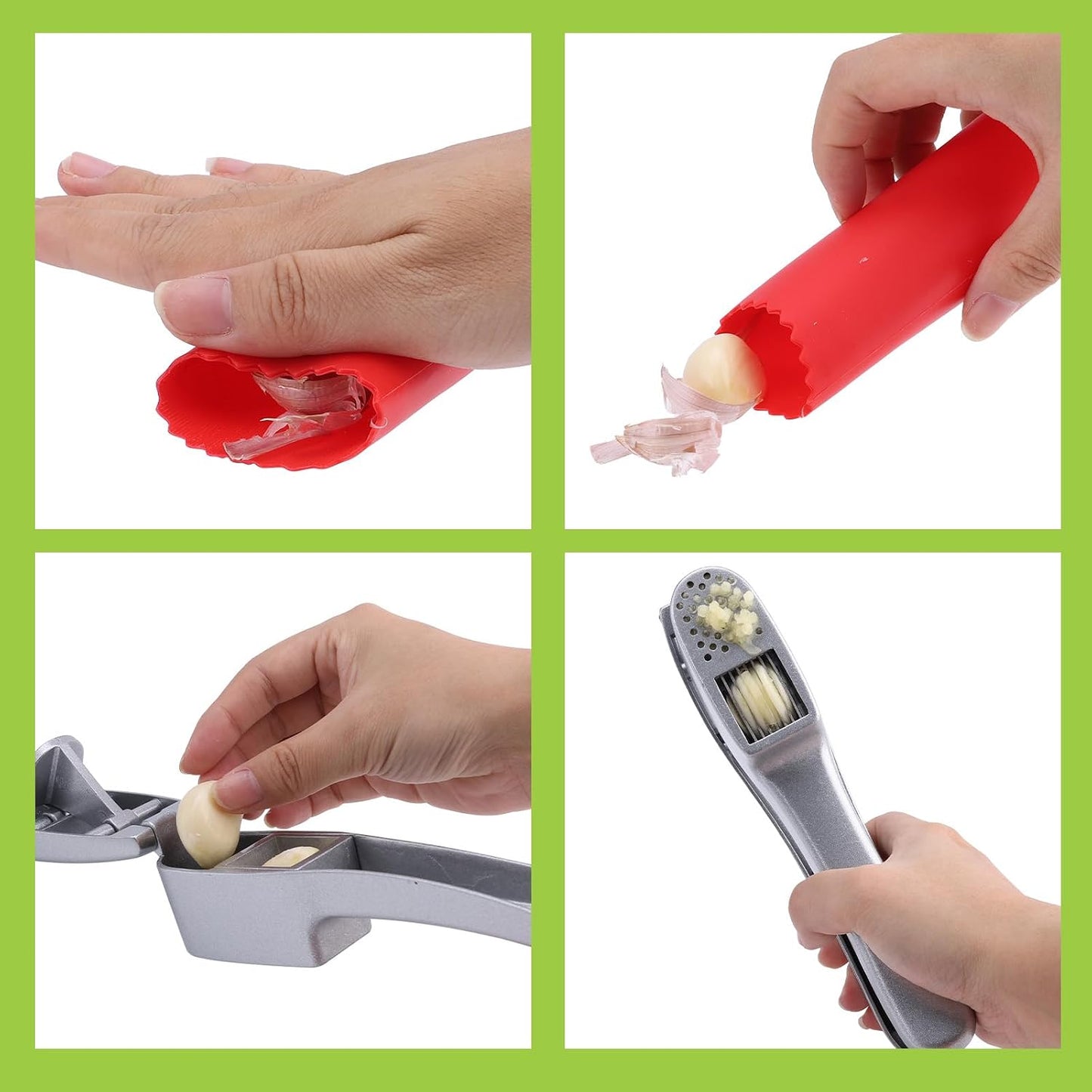 2 in 1 Garlic Press and Slicer with Built-In Cleaner and Silicone Peeler | Garlic Mincer Easily Mince and Crush Garlics, Ginger, Nuts, Seeds, Peeler Included, Peeling Cloves
