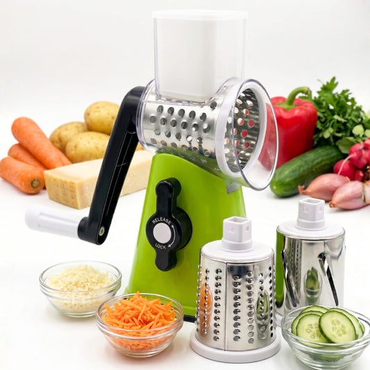 Rotary Cheese Grater with Handle – Manual Vegetable Slicer & Round Shredder – 3 Interchangeable Stainless Steel Blades for Cheese, Nuts, Chocolate – Strong Suction Base Kitchen Mandoline