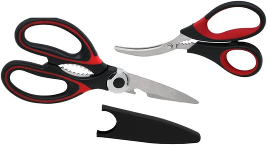 Professional Kitchen Scissors | 2-Pack Ultra Sharp Stainless Steel Kitchen Shears | Multi-Function Kitchen Scissors for Chicken, Fish, Meat, Vegetables, and Herbs (Black / Red)