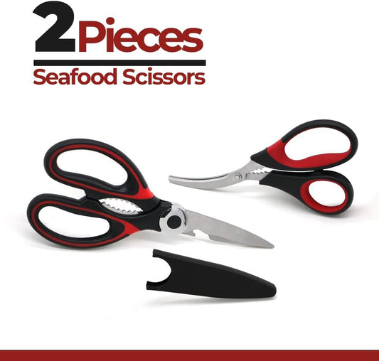 Professional Kitchen Scissors | 2-Pack Ultra Sharp Stainless Steel Kitchen Shears | Multi-Function Kitchen Scissors for Chicken, Fish, Meat, Vegetables, and Herbs (Black / Red)