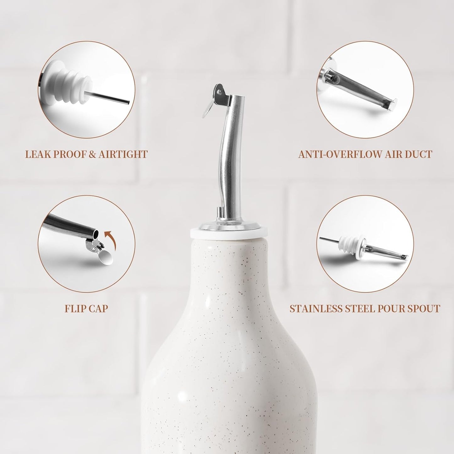 Milkyway 16oz Ceramic Olive Oil Dispenser Bottle, 1 Piece Oil Dispenser for Kitchen with Stainless Steel Pourers, Suitable for Storage Vinegar, Soy Sauce, Coffee Syrup, Liquids, White