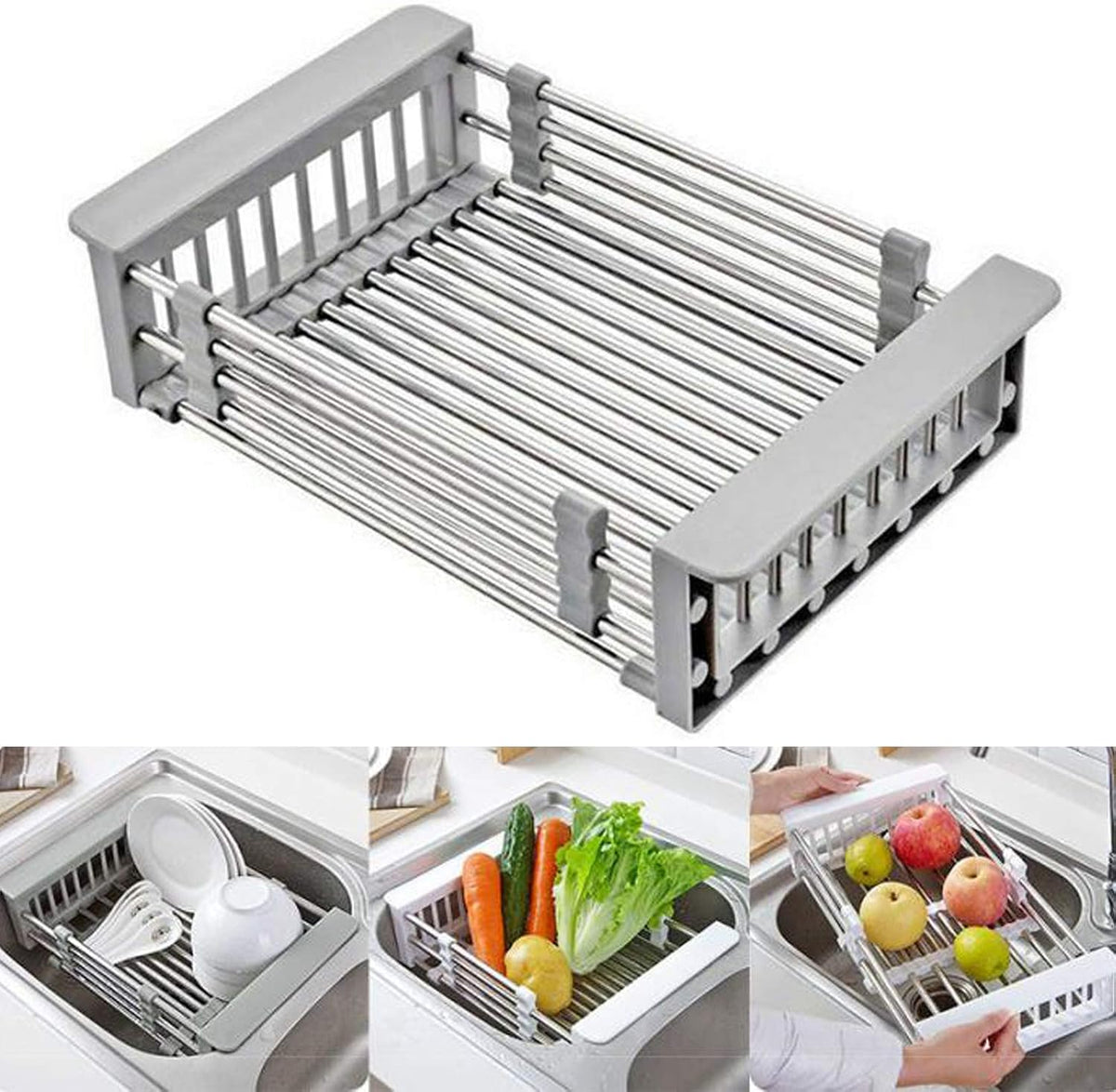 Stainless Steel Kitchen Drying Rack, Retractable Drain Basket with Adjustable Armrest, Over The Sink Dish Drying Rack