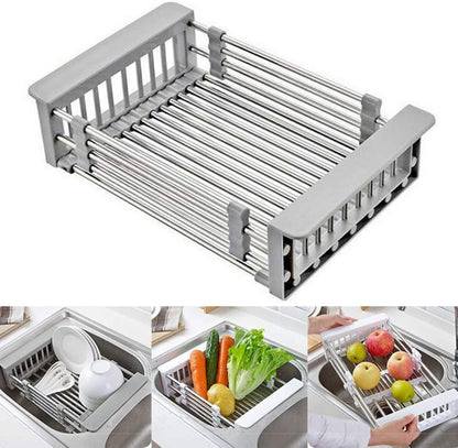 Stainless Steel Kitchen Drying Rack, Retractable Drain Basket with Adjustable Armrest, Over The Sink Dish Drying Rack