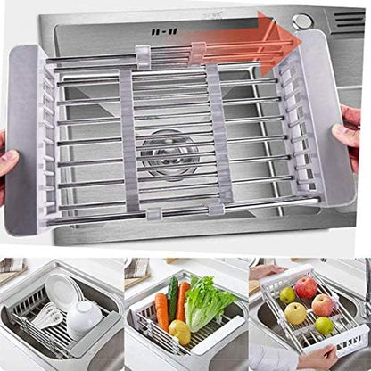 Stainless Steel Kitchen Drying Rack, Retractable Drain Basket with Adjustable Armrest, Over The Sink Dish Drying Rack