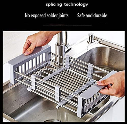 Stainless Steel Kitchen Drying Rack, Retractable Drain Basket with Adjustable Armrest, Over The Sink Dish Drying Rack