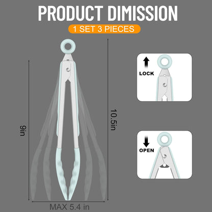 Silicone Serving Tongs for Cooking 9-Inch Kitchen Tongs with Silicone Tips, Set of 3 (Gradient Blue)