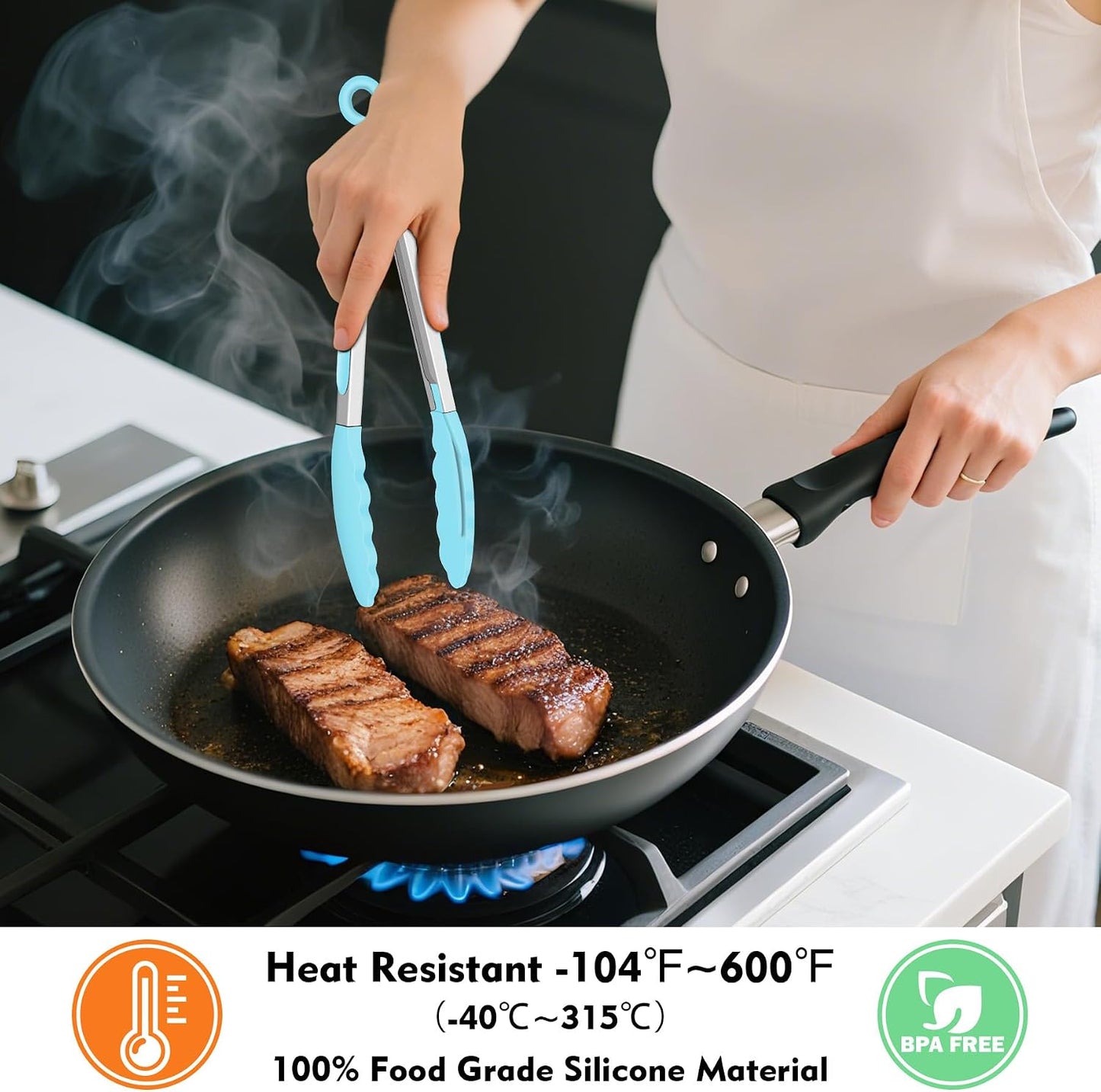 Silicone Serving Tongs for Cooking 9-Inch Kitchen Tongs with Silicone Tips, Set of 3 (Gradient Blue)