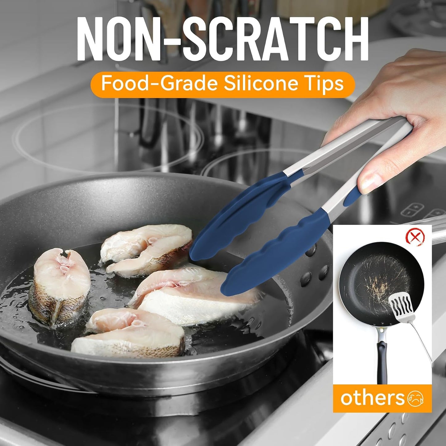 Silicone Serving Tongs for Cooking 9-Inch Kitchen Tongs with Silicone Tips, Set of 3 (Gradient Blue)