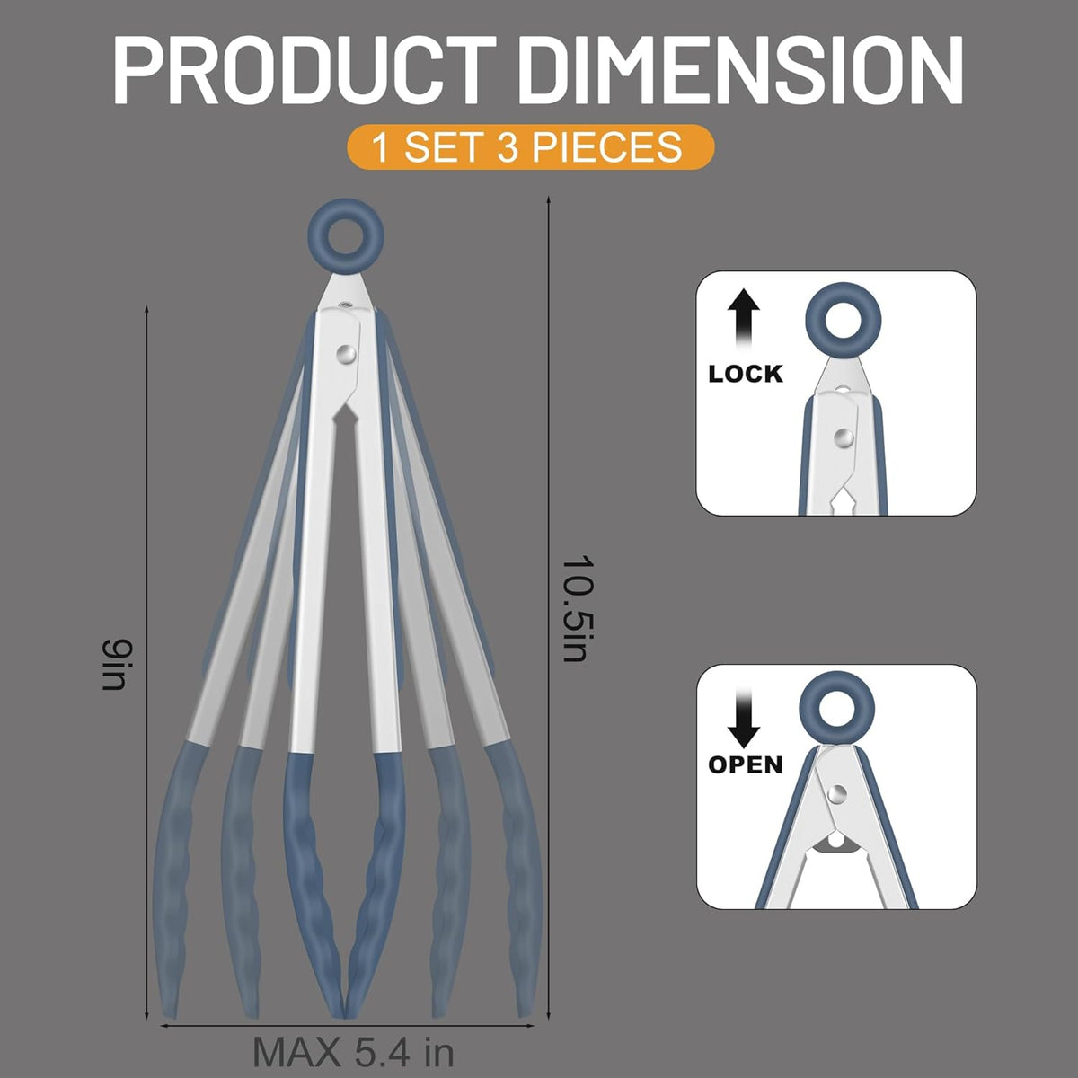 Silicone Serving Tongs for Cooking 9-Inch Kitchen Tongs with Silicone Tips, Set of 3 (Gradient Blue)