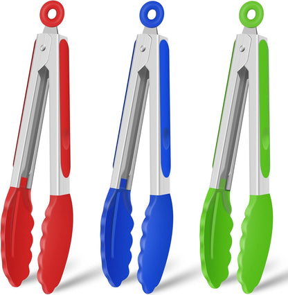Silicone Serving Tongs for Cooking 9-Inch Kitchen Tongs with Silicone Tips, Set of 3 (Gradient Blue)