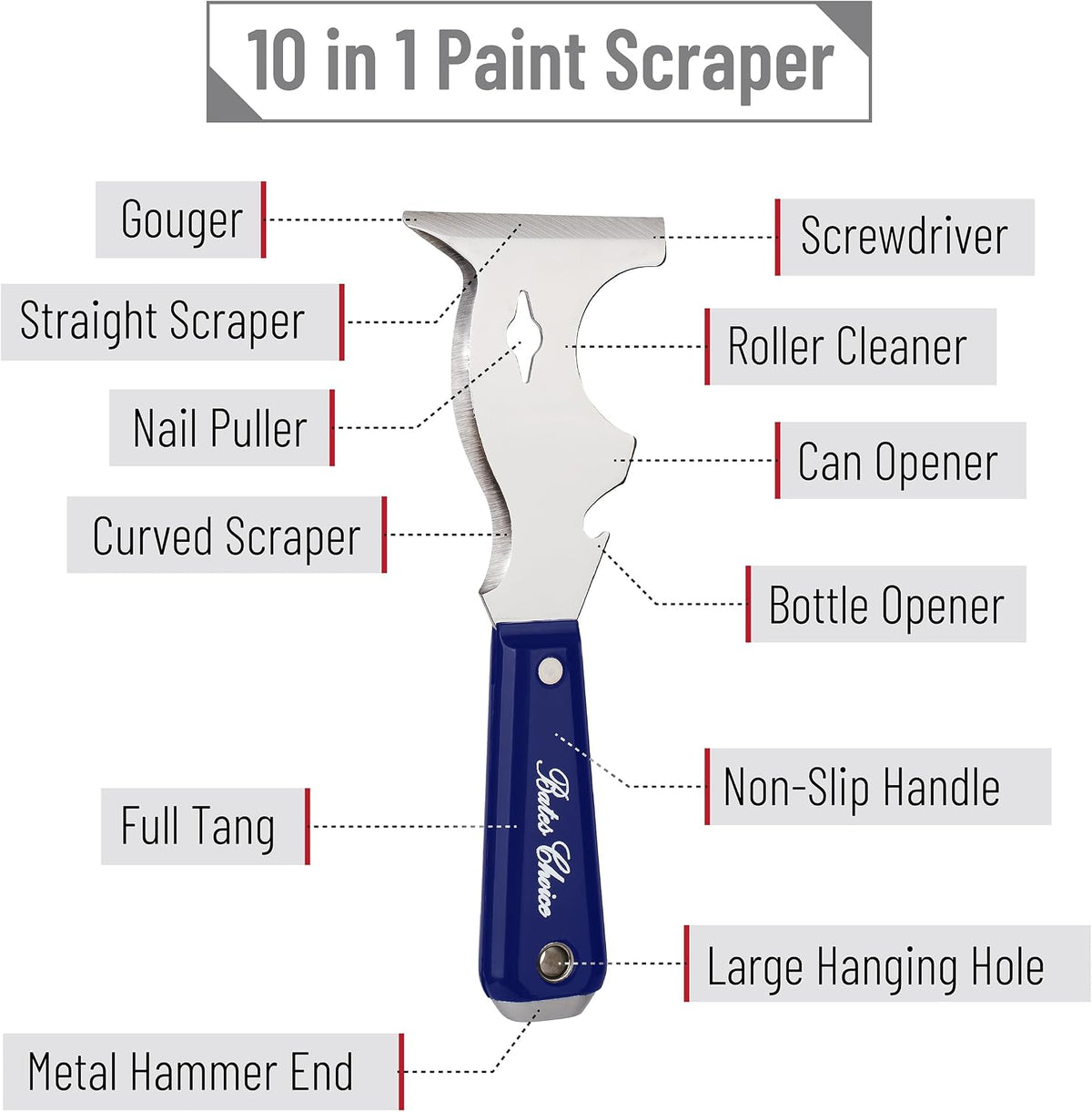 Bates- Paint Scraper, 10 in 1 Painters Tool, Scraper for Wood