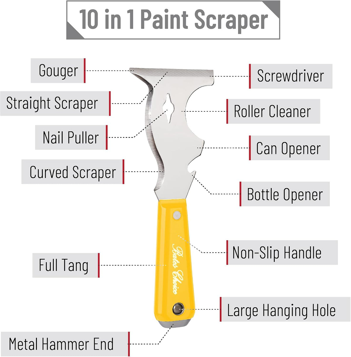 Bates- Paint Scraper, 10 in 1 Painters Tool, Scraper for Wood