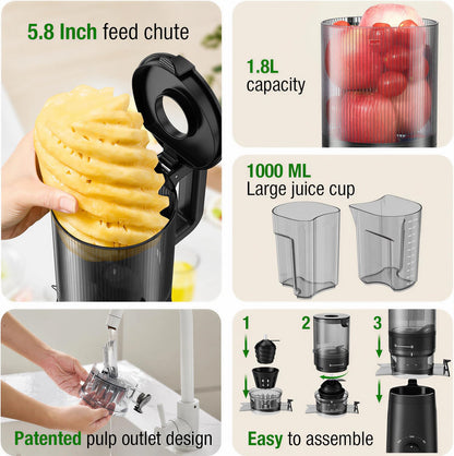 TUUMIIST Juicer Machines, Cold Press Juicer with 5.8" Extra Large Feed Chute Fit Whole Fruits & Vegetables Easy to Clean, High Juice Yield, BPA Free (Black)