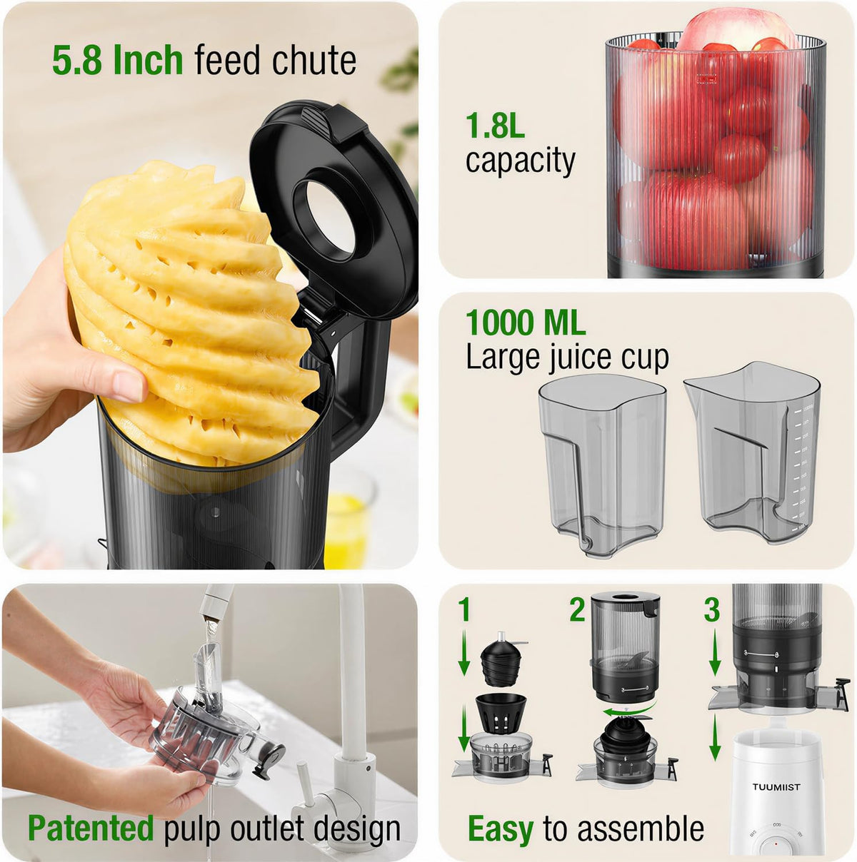 TUUMIIST Juicer Machines, Cold Press Juicer with 5.8" Extra Large Feed Chute Fit Whole Fruits & Vegetables Easy to Clean, High Juice Yield, BPA Free (Black)