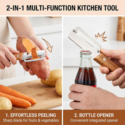 2PCS Multifunctional Vegetable Peeler with Bottle Opener, Wood Handle Stainless Steel Peeler Knife, 2 in 1 Vegetable and Fruit Peeler & Kitchen Tool for Potato, Pumpkin, Apple, Papaya, Carrot