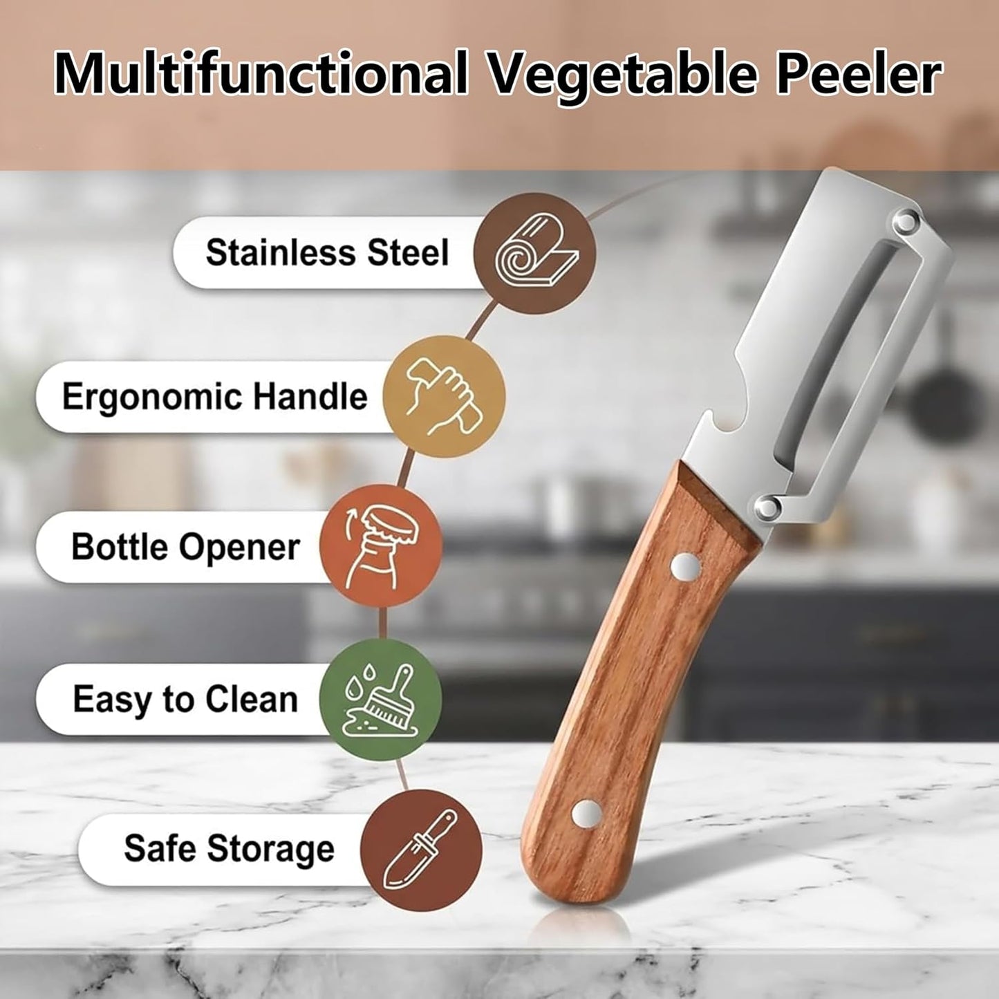 2PCS Multifunctional Vegetable Peeler with Bottle Opener, Wood Handle Stainless Steel Peeler Knife, 2 in 1 Vegetable and Fruit Peeler & Kitchen Tool for Potato, Pumpkin, Apple, Papaya, Carrot