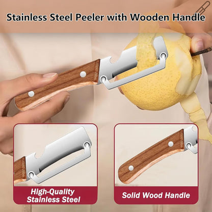 2PCS Multifunctional Vegetable Peeler with Bottle Opener, Wood Handle Stainless Steel Peeler Knife, 2 in 1 Vegetable and Fruit Peeler & Kitchen Tool for Potato, Pumpkin, Apple, Papaya, Carrot