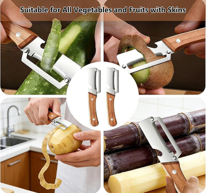 2PCS Multifunctional Vegetable Peeler with Bottle Opener, Wood Handle Stainless Steel Peeler Knife, 2 in 1 Vegetable and Fruit Peeler & Kitchen Tool for Potato, Pumpkin, Apple, Papaya, Carrot