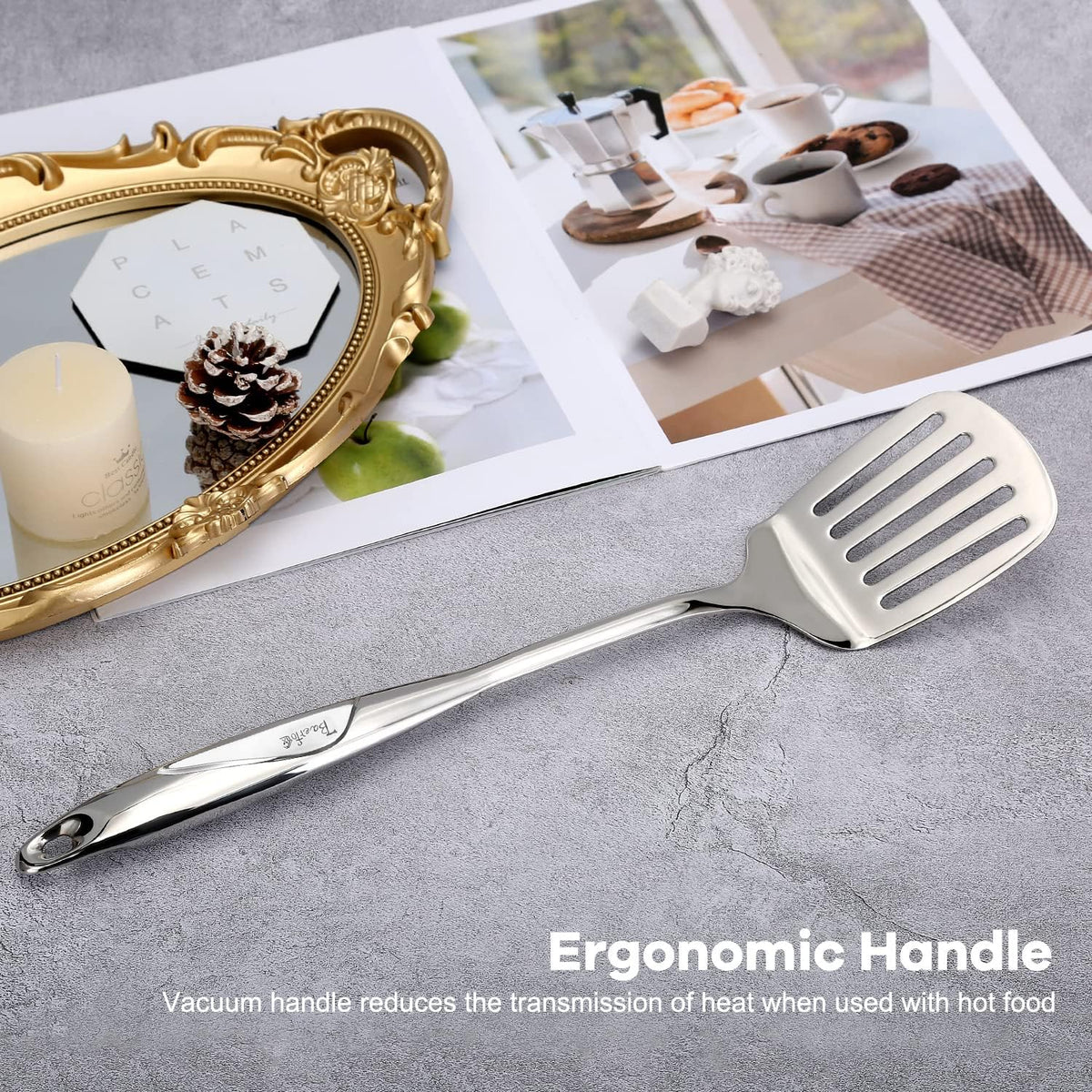 Spatula, Metal Spatula for Kitchen, Stainless Steel Slotted Turner, Hollow Handle Heat-Resistant Design, Ergonomic Dual-Handed Grip, Gift for Family