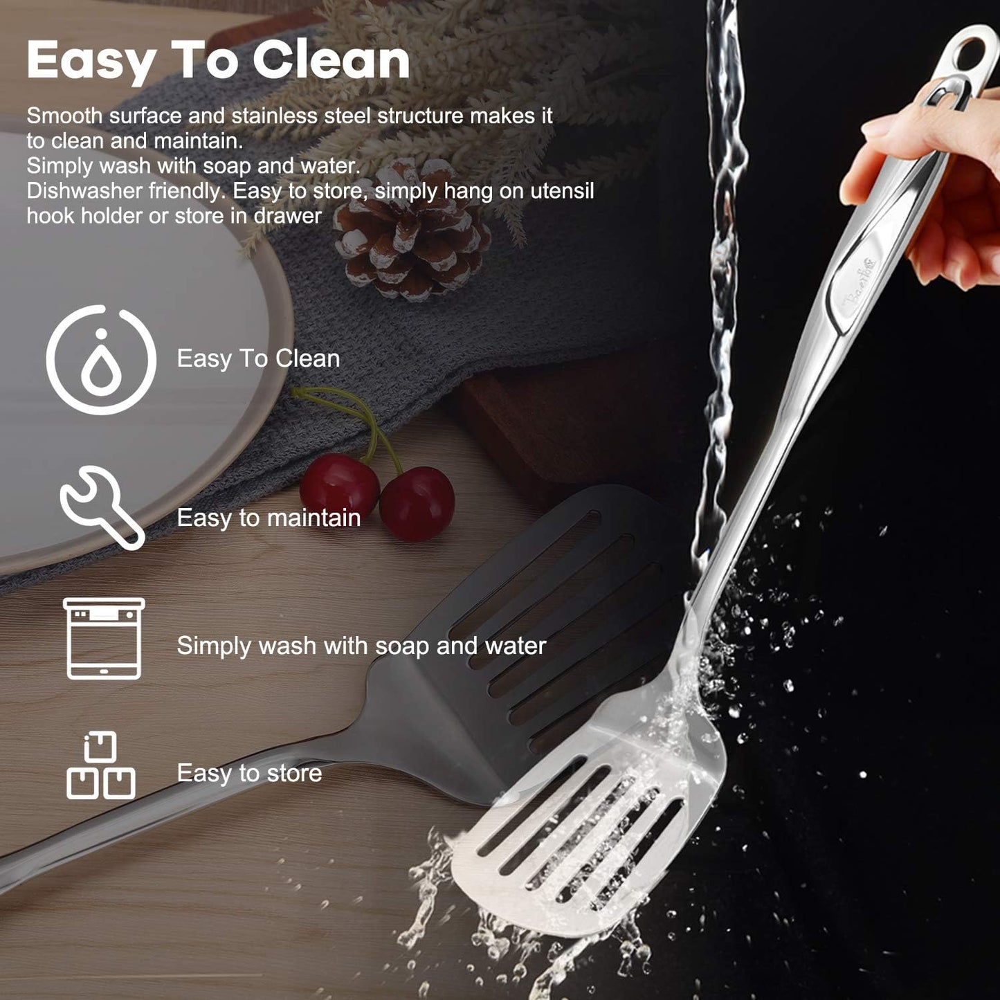 Spatula, Metal Spatula for Kitchen, Stainless Steel Slotted Turner, Hollow Handle Heat-Resistant Design, Ergonomic Dual-Handed Grip, Gift for Family