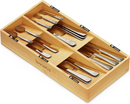 Bamboo Silverware Drawer Organizer with Labels, Kitchen Utensil Tray Holder Organizer for Flatware, Cutlery, Spoon and Knives Drawer Storage Organization (Natural, 6 Slots)
