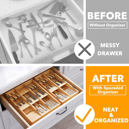 Bamboo Silverware Drawer Organizer with Labels, Kitchen Utensil Tray Holder Organizer for Flatware, Cutlery, Spoon and Knives Drawer Storage Organization (Natural, 6 Slots)