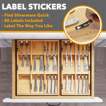 Bamboo Silverware Drawer Organizer with Labels, Kitchen Utensil Tray Holder Organizer for Flatware, Cutlery, Spoon and Knives Drawer Storage Organization (Natural, 6 Slots)