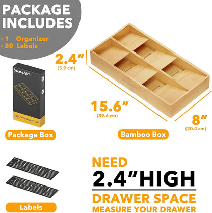 Bamboo Silverware Drawer Organizer with Labels, Kitchen Utensil Tray Holder Organizer for Flatware, Cutlery, Spoon and Knives Drawer Storage Organization (Natural, 6 Slots)