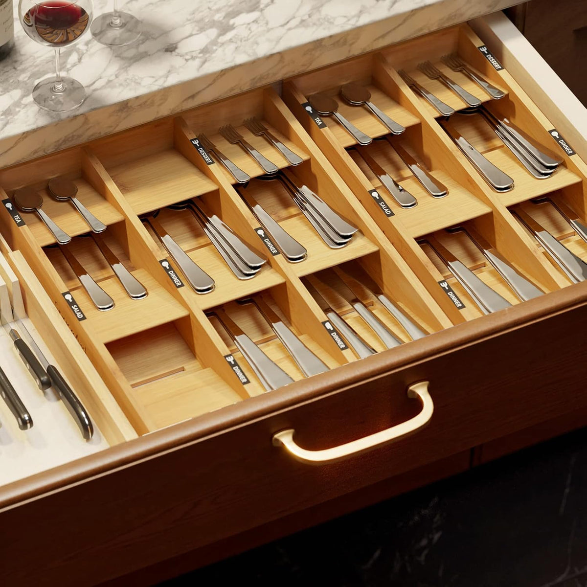 Bamboo Silverware Drawer Organizer with Labels, Kitchen Utensil Tray Holder Organizer for Flatware, Cutlery, Spoon and Knives Drawer Storage Organization (Natural, 6 Slots)