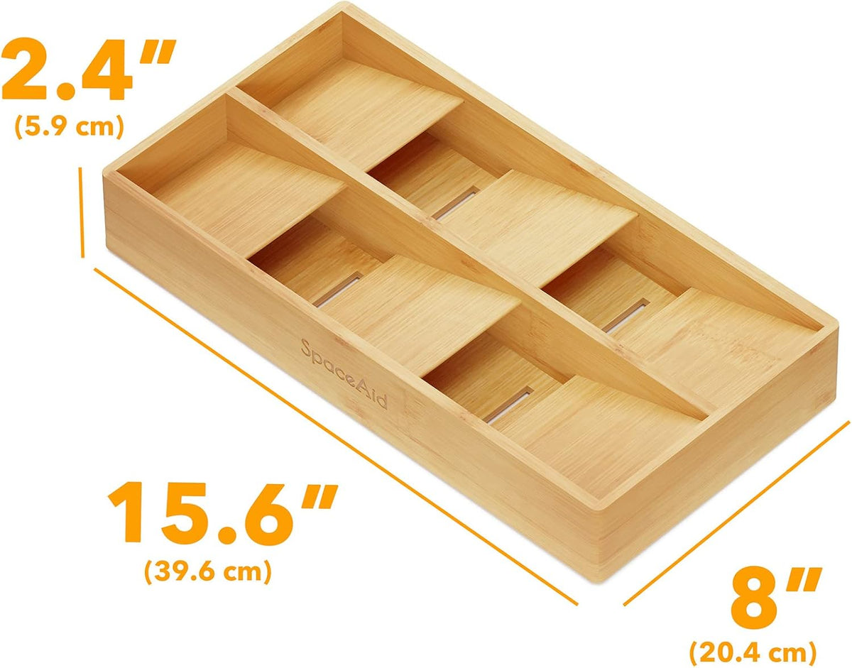 Bamboo Silverware Drawer Organizer with Labels, Kitchen Utensil Tray Holder Organizer for Flatware, Cutlery, Spoon and Knives Drawer Storage Organization (Natural, 6 Slots)
