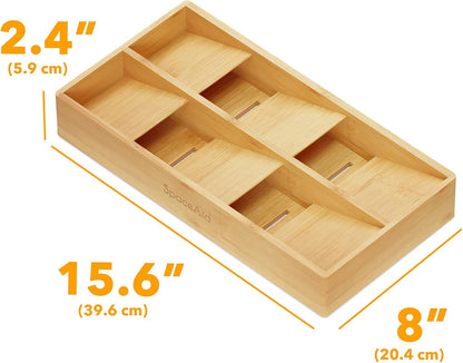 Bamboo Silverware Drawer Organizer with Labels, Kitchen Utensil Tray Holder Organizer for Flatware, Cutlery, Spoon and Knives Drawer Storage Organization (Natural, 6 Slots)