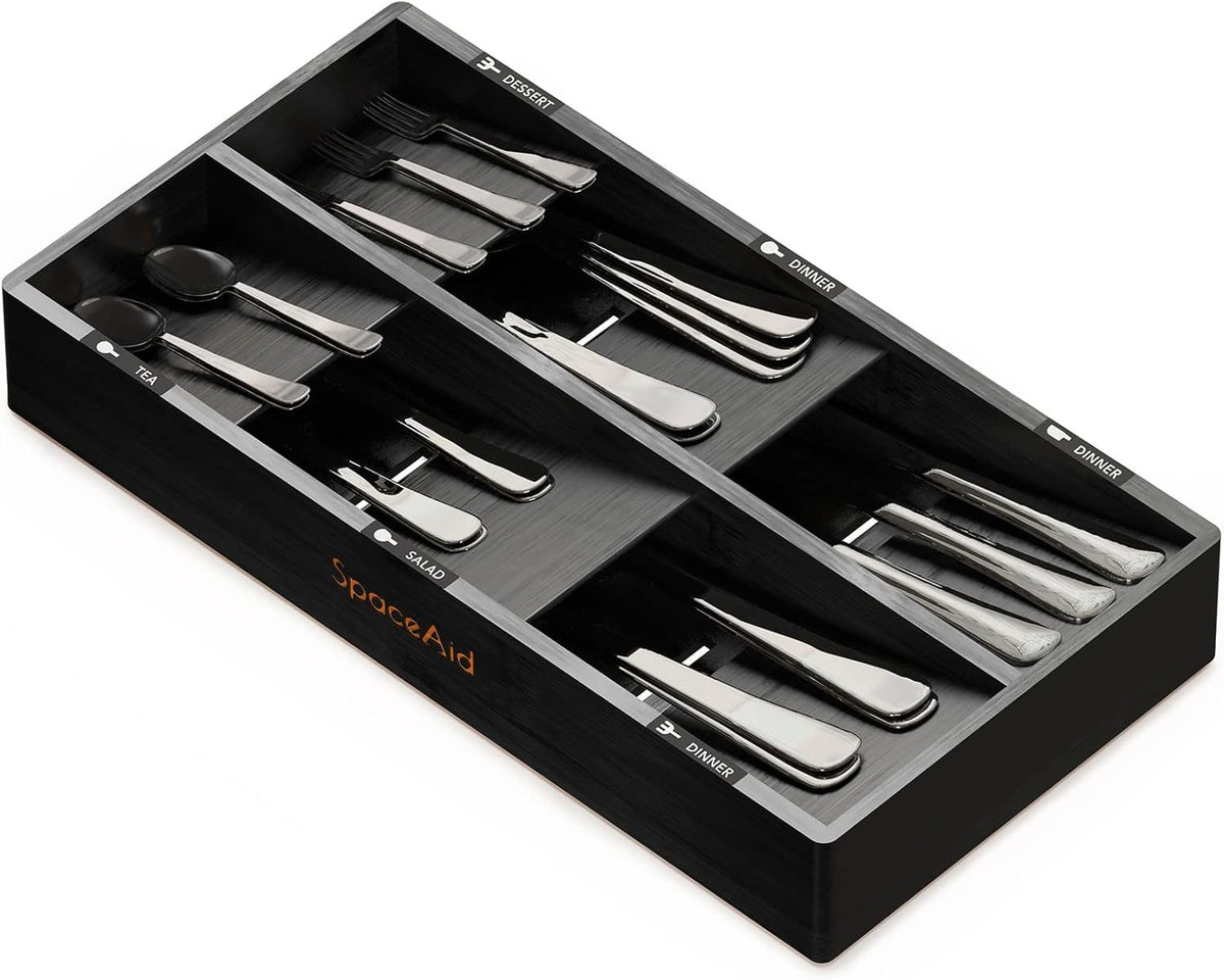 Bamboo Silverware Drawer Organizer with Labels, Kitchen Utensil Tray Holder Organizer for Flatware, Cutlery, Spoon and Knives Drawer Storage Organization (Natural, 6 Slots)