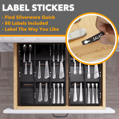Bamboo Silverware Drawer Organizer with Labels, Kitchen Utensil Tray Holder Organizer for Flatware, Cutlery, Spoon and Knives Drawer Storage Organization (Natural, 6 Slots)