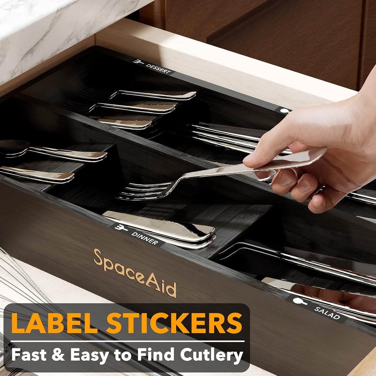 Bamboo Silverware Drawer Organizer with Labels, Kitchen Utensil Tray Holder Organizer for Flatware, Cutlery, Spoon and Knives Drawer Storage Organization (Natural, 6 Slots)