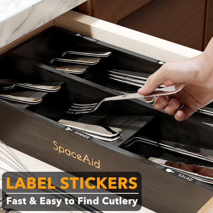 Bamboo Silverware Drawer Organizer with Labels, Kitchen Utensil Tray Holder Organizer for Flatware, Cutlery, Spoon and Knives Drawer Storage Organization (Natural, 6 Slots)