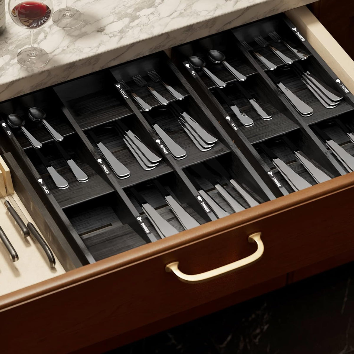 Bamboo Silverware Drawer Organizer with Labels, Kitchen Utensil Tray Holder Organizer for Flatware, Cutlery, Spoon and Knives Drawer Storage Organization (Natural, 6 Slots)