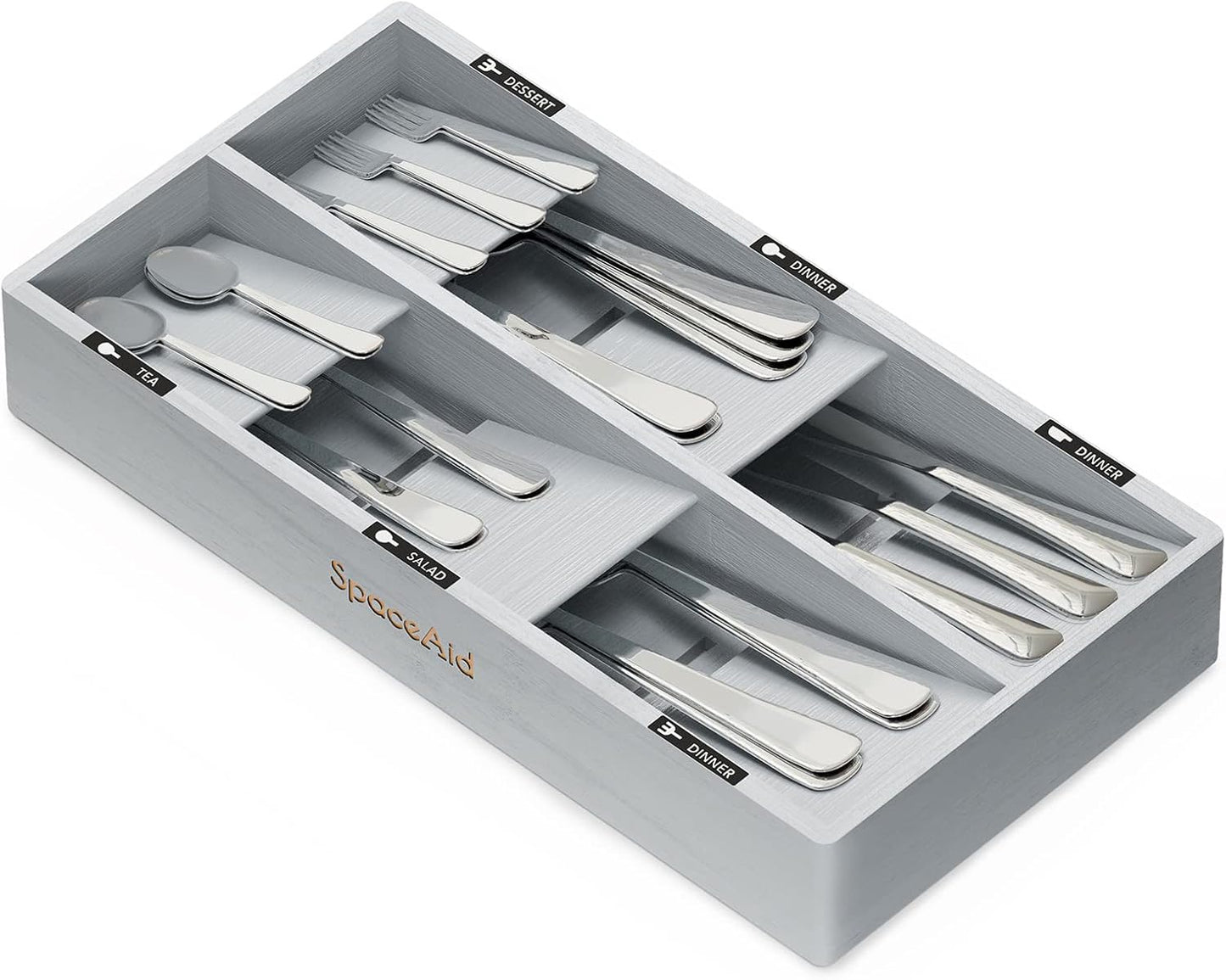Bamboo Silverware Drawer Organizer with Labels, Kitchen Utensil Tray Holder Organizer for Flatware, Cutlery, Spoon and Knives Drawer Storage Organization (Natural, 6 Slots)