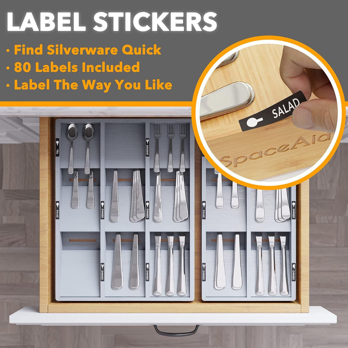 Bamboo Silverware Drawer Organizer with Labels, Kitchen Utensil Tray Holder Organizer for Flatware, Cutlery, Spoon and Knives Drawer Storage Organization (Natural, 6 Slots)