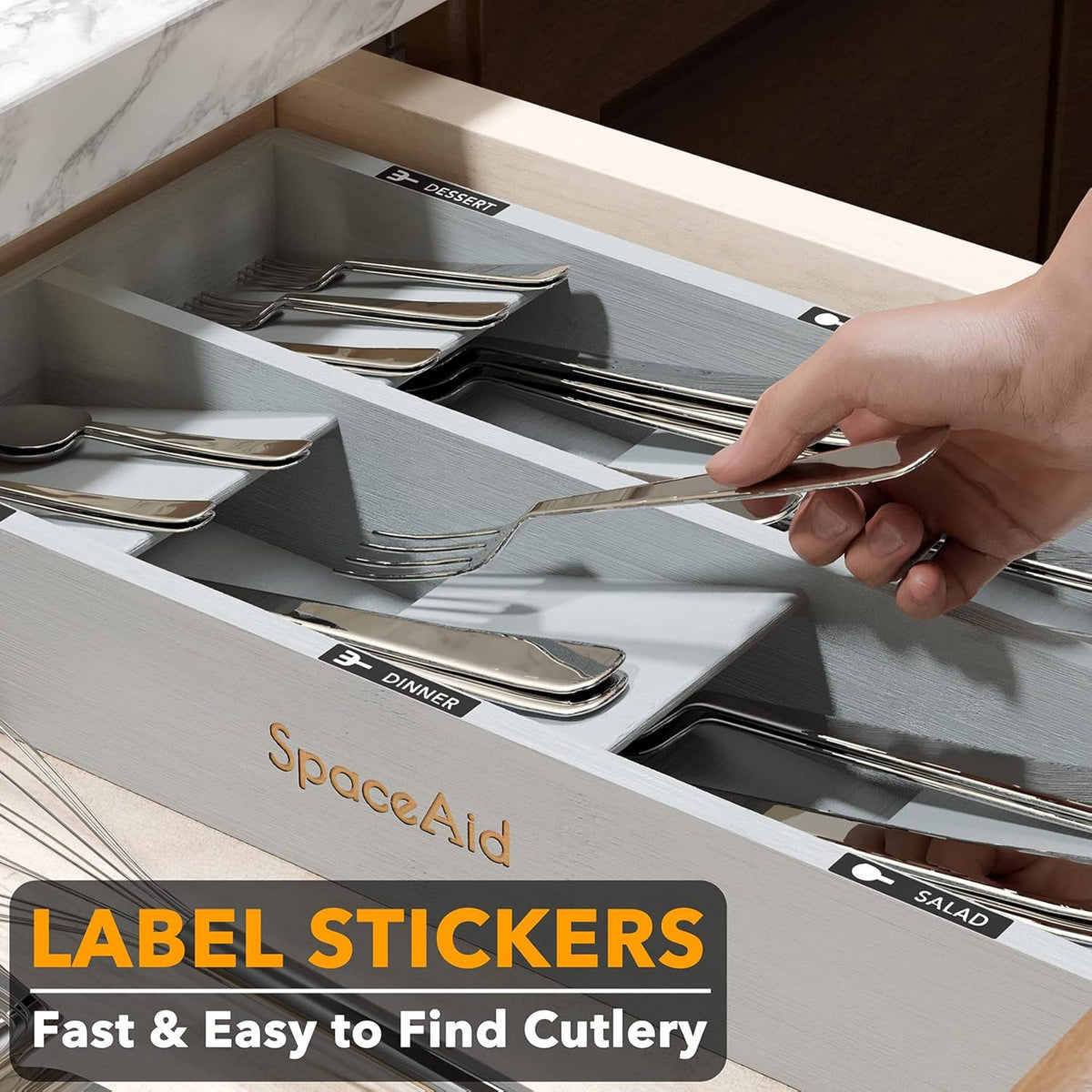 Bamboo Silverware Drawer Organizer with Labels, Kitchen Utensil Tray Holder Organizer for Flatware, Cutlery, Spoon and Knives Drawer Storage Organization (Natural, 6 Slots)
