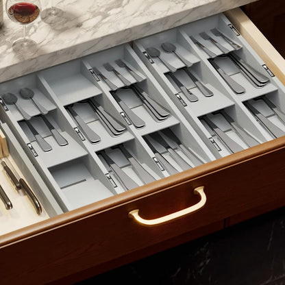 Bamboo Silverware Drawer Organizer with Labels, Kitchen Utensil Tray Holder Organizer for Flatware, Cutlery, Spoon and Knives Drawer Storage Organization (Natural, 6 Slots)
