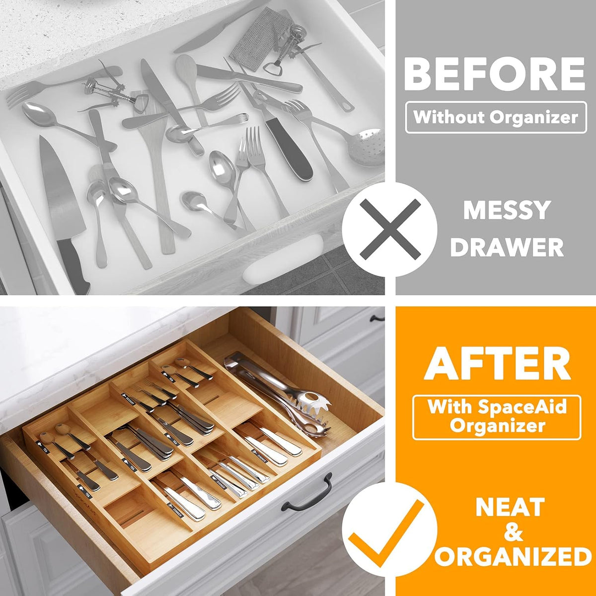 Bamboo Silverware Drawer Organizer with Labels, Kitchen Utensil Tray Holder Organizer for Flatware, Cutlery, Spoon and Knives Drawer Storage Organization (Natural, 6 Slots)