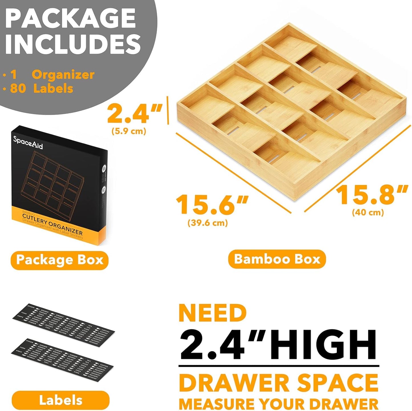Bamboo Silverware Drawer Organizer with Labels, Kitchen Utensil Tray Holder Organizer for Flatware, Cutlery, Spoon and Knives Drawer Storage Organization (Natural, 6 Slots)