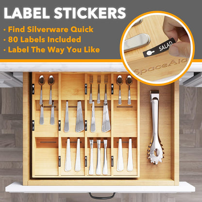 Bamboo Silverware Drawer Organizer with Labels, Kitchen Utensil Tray Holder Organizer for Flatware, Cutlery, Spoon and Knives Drawer Storage Organization (Natural, 6 Slots)