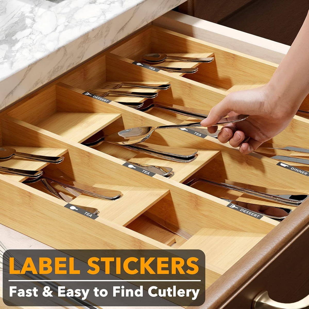Bamboo Silverware Drawer Organizer with Labels, Kitchen Utensil Tray Holder Organizer for Flatware, Cutlery, Spoon and Knives Drawer Storage Organization (Natural, 6 Slots)