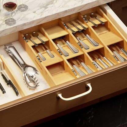 Bamboo Silverware Drawer Organizer with Labels, Kitchen Utensil Tray Holder Organizer for Flatware, Cutlery, Spoon and Knives Drawer Storage Organization (Natural, 6 Slots)